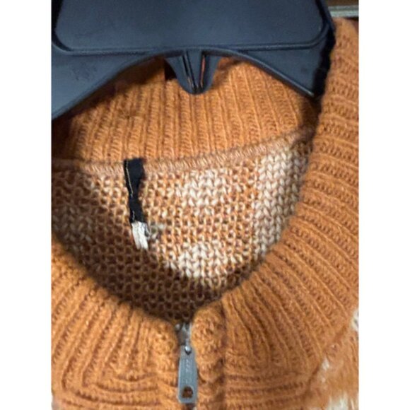 Vintage 70s Wool Knit Cardigan Zip Sweater Nordic Geometric Tan Cream XL - Picture 7 of 8